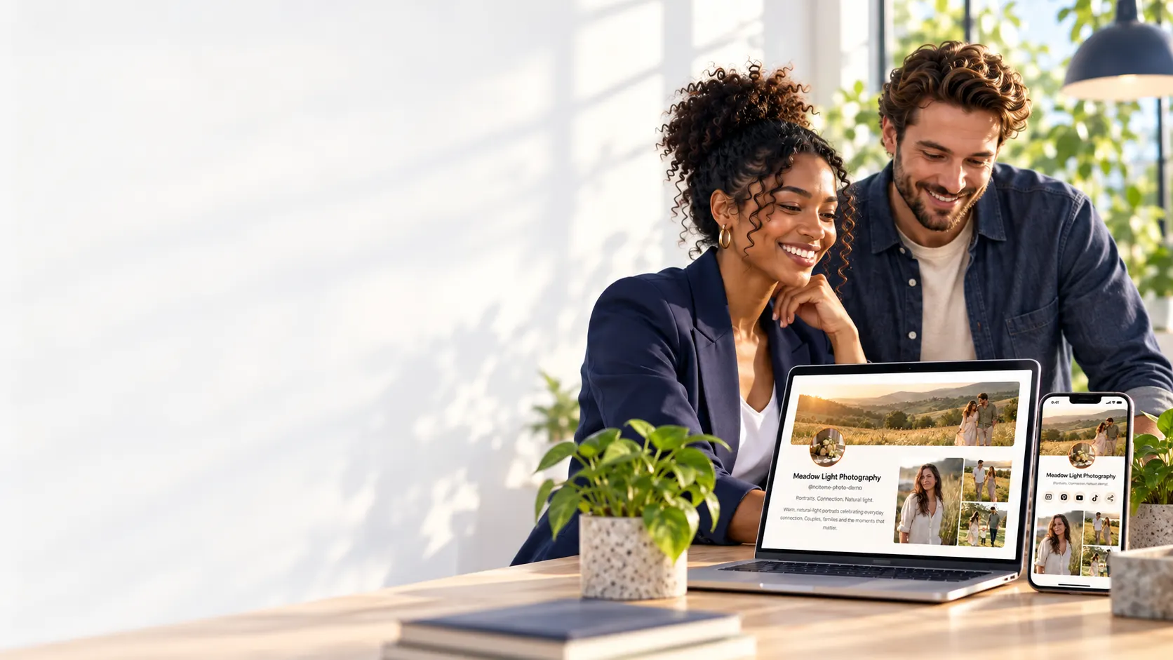Two people at a desk looking at a laptop, with open space on the left for the headline